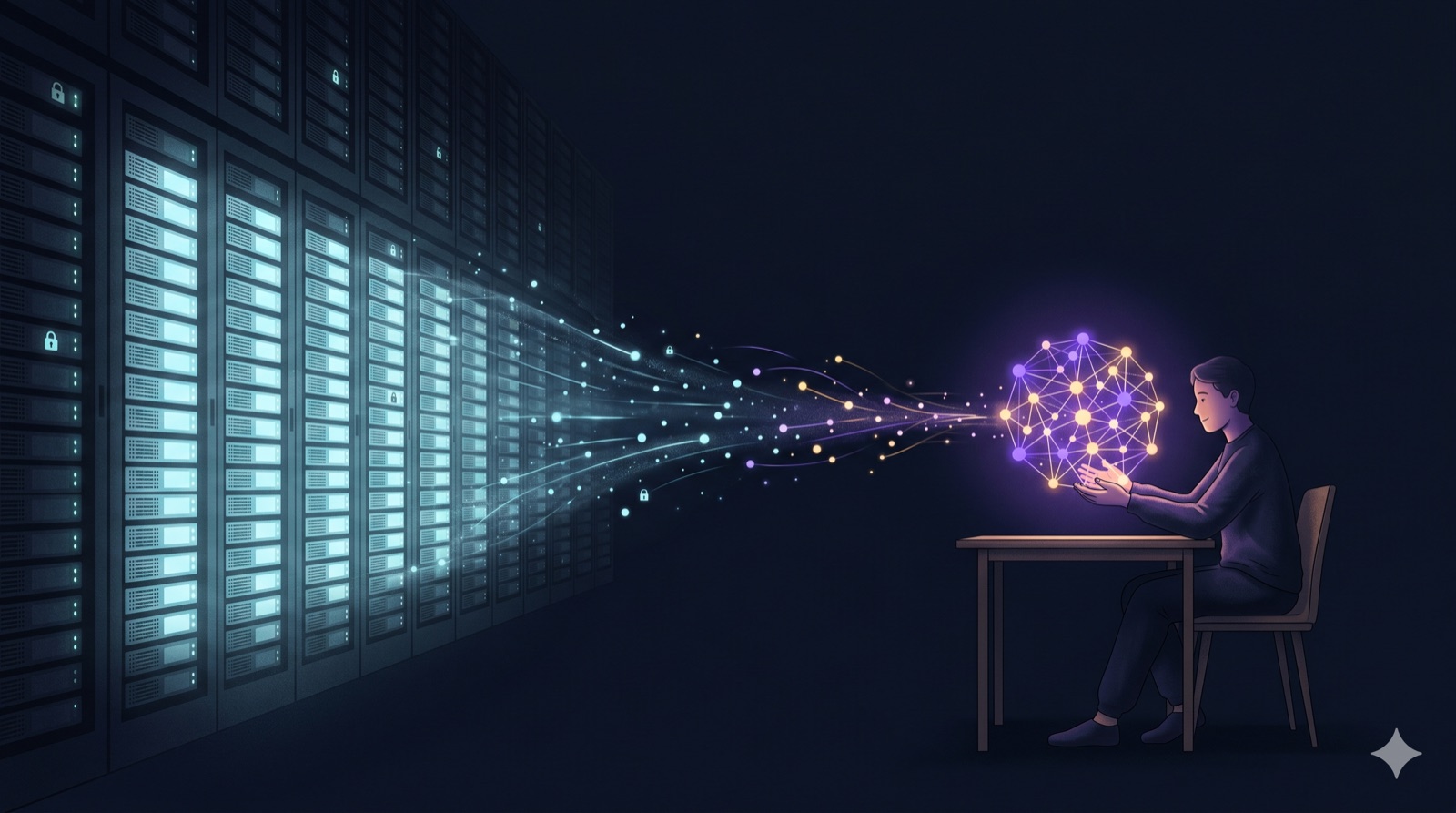A person sits at a simple desk cradling a glowing violet-and-gold knowledge graph in their hands, while streams of light carry data away from a large, cold corporate data center on the left — the locus of control shifting from the corporation to the individual.